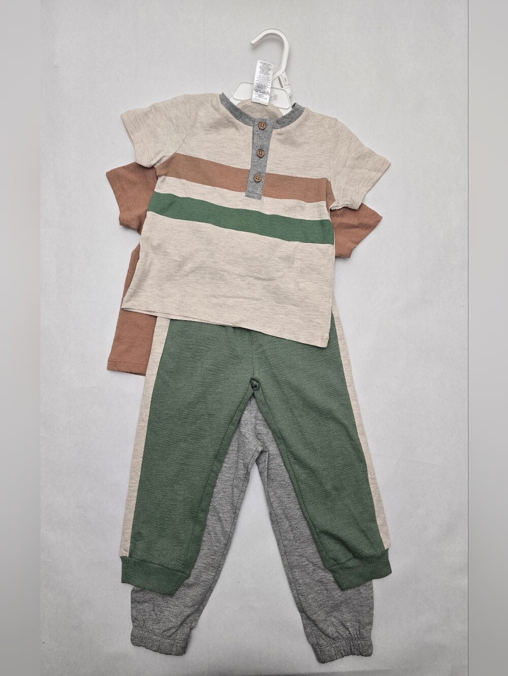 Kids Neutral Stripe Henley & Green Jogger 4 Piece Set